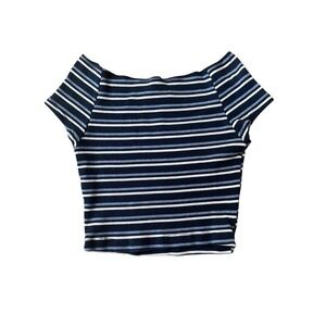 Brandy Melville Striped Ribbed Crop Top Navy Blue White Boat Neck Short Sleeve
